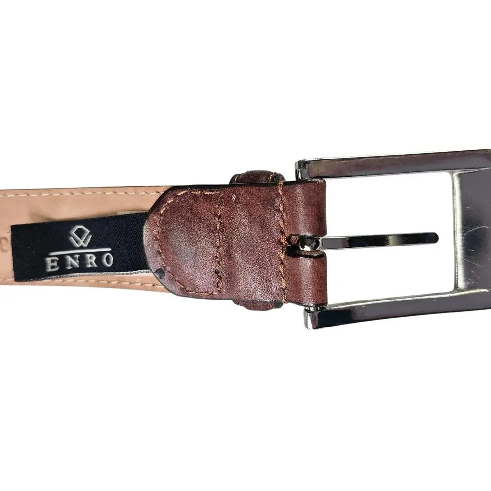 ENRO Brown Leather Belt with Woven Design Size 44